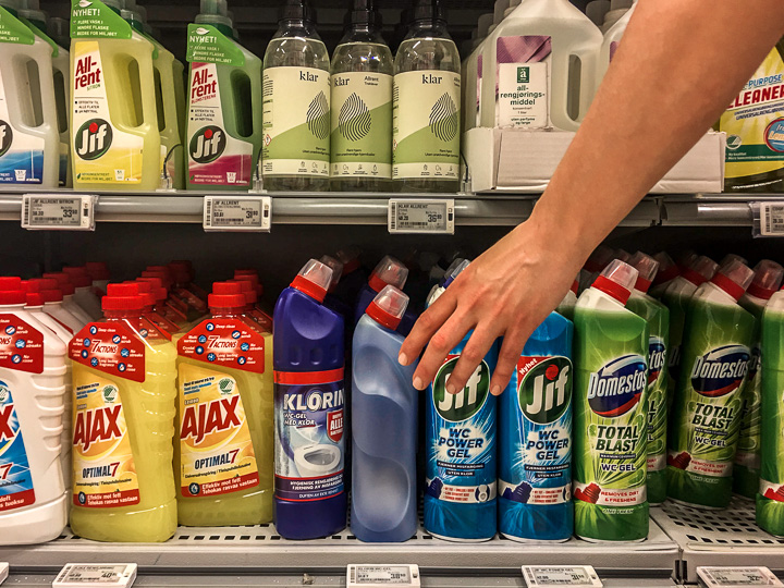 Filled blow moulded bottle placed in store
