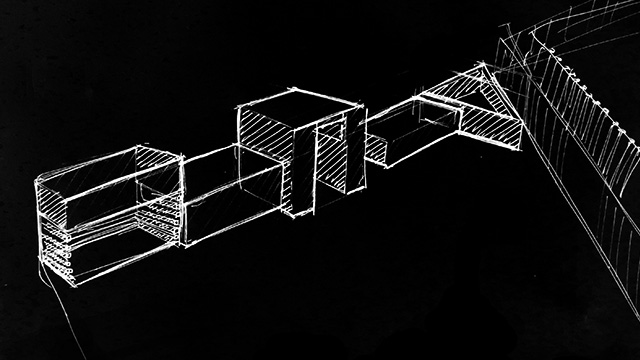 Perspective sketche interpreting early draft sketch